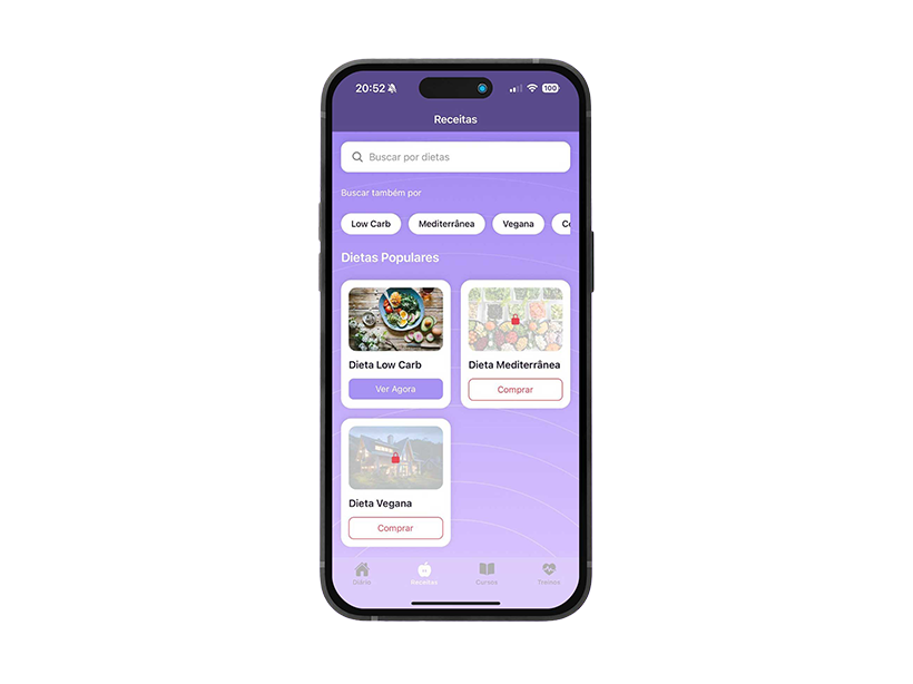 Interface do aplicativo de nutrição Auge